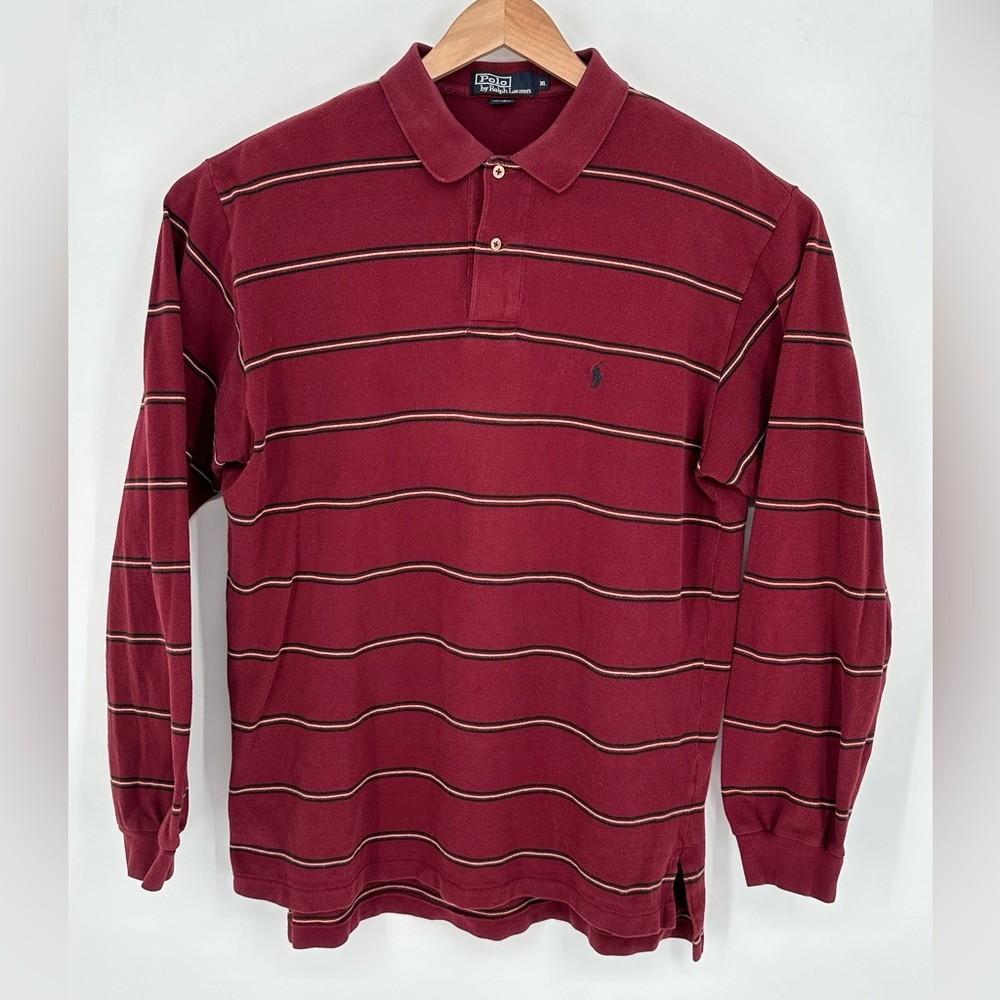 Polo by Ralph Lauren Burgundy Long Sleeve Men's Polo Shirt Sz XL Striped S0